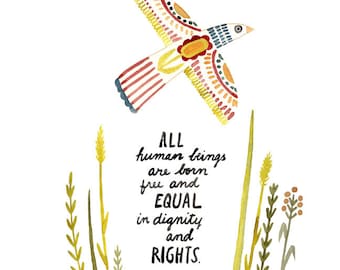 United Nations Declaration of Human Rights Watercolor Art Print, Equal Rights, Inspirational Quote,  Wall Art by Little Truths Studio