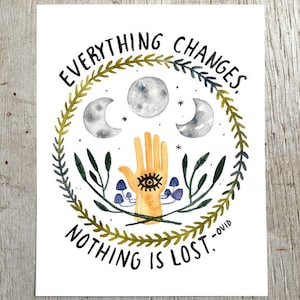 May include: A watercolour illustration of a hand with an eye in the palm, surrounded by a wreath of leaves and three moons. The text "Everything changes, nothing is lost. - Ovid" is written around the wreath.
