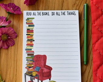 Read All The Books Do All The Things Notepad, 5 x 7 Cute Bookstack Notepad, Book Lover Teacher Gift, Bookish Stationery, Gifts for Librarian