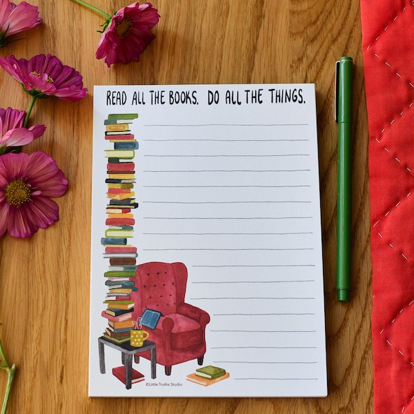 Read All The Books Do All The Things Notepad, 5 x 7 Cute Bookstack Notepad, Book Lover Teacher Gift, Bookish Stationery, Gifts for Librarian