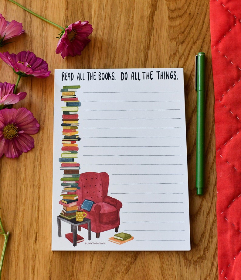 Read All The Books Do All The Things Notepad, 5 x 7 Cute Bookstack Notepad, Book Lover Teacher Gift, Bookish Stationery, Gifts for Librarian image 1