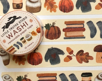 Pumpkin Spice Washi Tape, WIDE Cute Autumn Tape, Books, Fall Leaves, Pumpkin Spice Coffee Treats Washi Tape By Little Truths Studio