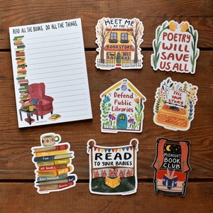 May include: A set of nine colorful stickers featuring illustrations of books, libraries, and reading. The stickers feature phrases like "Read all the books. Do all the things." and "Poetry will save us all."