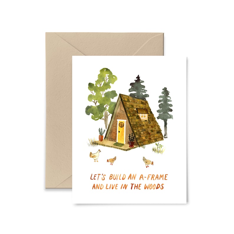 A-Frame Watercolor Greeting Card, Cabin In The Woods, Adventure, Nature Card by Little Truths Studio image 1