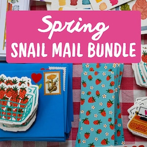 May include: A stationery set labeled Spring SNAIL MAIL BUNDLE featuring blue envelopes with strawberry basket stickers, mushroom postage stamps, bookmarks with a strawberry and daisy pattern, and a strip of red heart stickers on a red checkered surface.