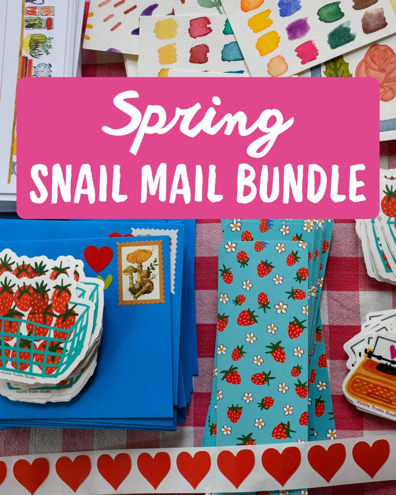 May include: A stationery set labeled Spring SNAIL MAIL BUNDLE featuring blue envelopes with strawberry basket stickers, mushroom postage stamps, bookmarks with a strawberry and daisy pattern, and a strip of red heart stickers on a red checkered surface.