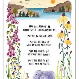 May include: A watercolor illustration of a peaceful scene with a purple elephant and a brown rabbit. The text reads: "May all beings be filled with lovingkindness. May all beings be safe. May all beings be well in body and mind. May all beings be at ease and happy. May all beings be free and at peace."