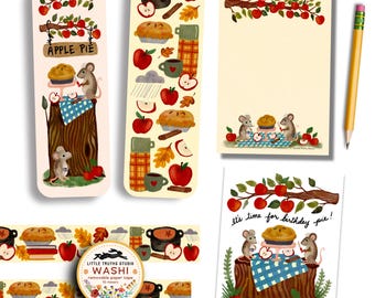 Apples & Mice Stationery Gift Set, Cute Autumn Bookmark, Apple Cider Washi Tape, Apple Picking Gifts for Book Lovers, Gifts For Readers