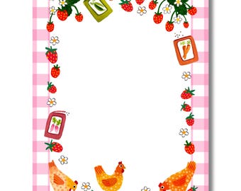 Chickens and Strawberries Notepad, 5 x 7 inch Notepad by Little Truths Studio