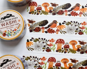 Autumn Washi Tape, WIDE Cute Fall Paper Tape, Junk Bullet Journaling, Mushrooms, Thanksgiving, Autumn Leaves Tape By Little Truths Studio
