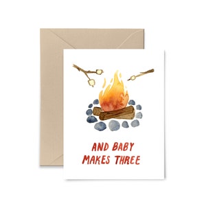 Baby Makes Three Baby Card, Baby Congratulations, Unisex Baby Card, Campfire Kids Watercolor Greeting Card by Little Truths Studio