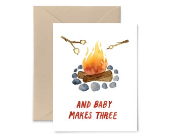 Baby Makes Three Baby Card, Baby Congratulations, Unisex Baby Card, Campfire Kids Watercolor Greeting Card by Little Truths Studio