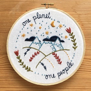 Beginner Embroidery Kit - One Planet, One People - Modern Hand Embroidery Full Kit - DIY Hoop Art Kit by Little Truths Studio