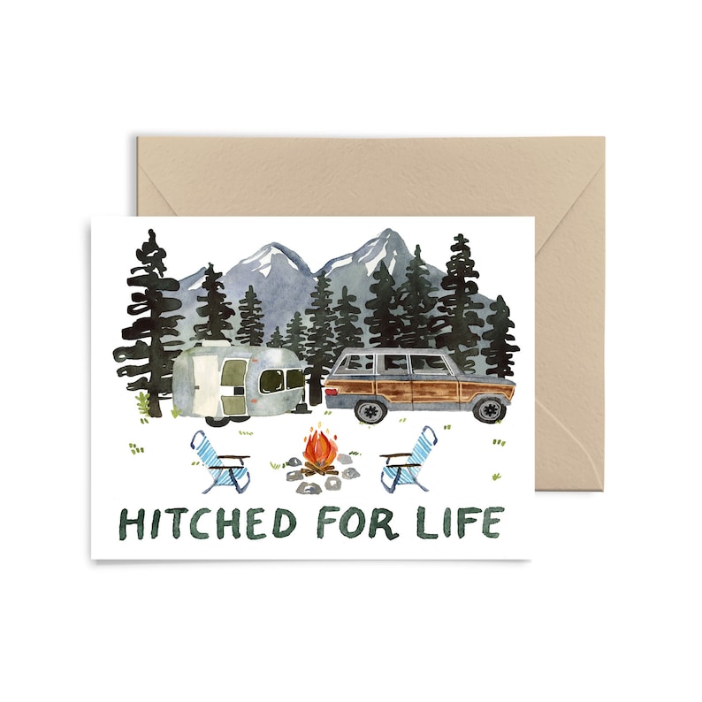 Hitched For Life Greeting Card, Camping Watercolor Valentine, Anniversary Card, Love and Adventure Card by Little Truths Studio image 1