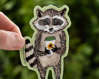 Raccoon With Coffee Sticker, Funny Coffee Lover Sticker, Cute Raccoon Water Bottle Sticker, by Little Truths Studio