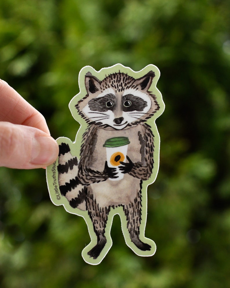 Raccoon With Coffee Sticker, Funny Coffee Lover Sticker, Cute Raccoon Water Bottle Sticker, by Little Truths Studio image 1