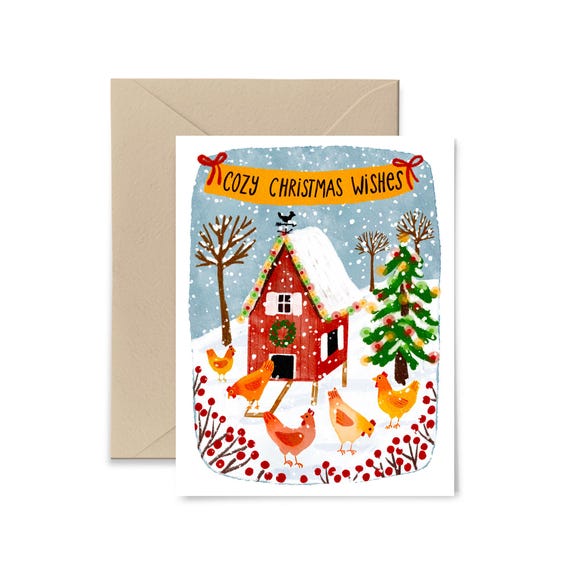 Cozy Christmas Wishes Christmas Card, Cute Chickens Chicken Coop, Snowy Winter Day Card by Little Truths Studio