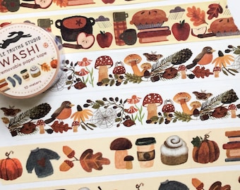 Autumn Washi Tape Set, Three Rolls of WIDE Cute Fall Pumpkin Spice Apple Cider Fall Leaves Craft Tape, Junk Journaling Bullet JournalingTape