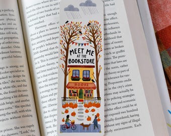 Meet Me At The Bookstore Bookmark, Cute Autumn Pumpkin Patch Bookmark, Gifts for Book Lovers and Readers, Fall Leaves Bookmark