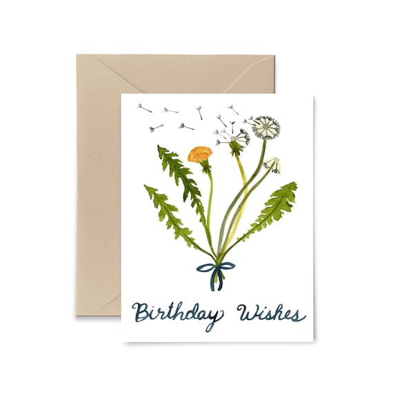 Dandelion Birthday Wishes Greeting Card, Watercolor Happy Birthday Card by Little Truths Studio