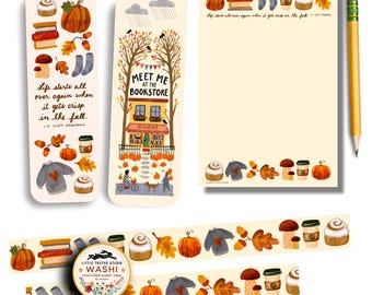 Pumpkin Spice Bundle, Cute Autumn Washi Tape, Bookmarks, Fall Leaves Pumpkin Spice Latte Gifts for Readers Book Lovers Little Truths Studio