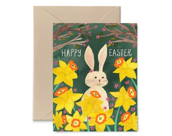 Green Happy Easter Greeting Card, watercolor bunny rabbit, daffodil, spring blank notecard by Little Truths Studio