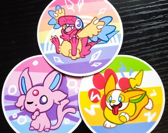 Xenogender Pokemon Round Vinyl Stickers | 3 inches | Archen Espeon Yamper Pupgender Catgender