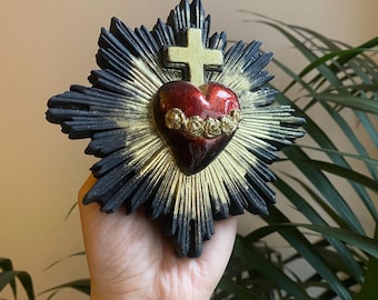 Sacred Heart Wall Decor, Milagro Flaming Heart with Cross, Handmade