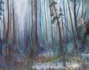 Forest Spirit - Fine Art Print - Whimsical Forest Scene - Nature Artwork - Pastel Drawing - Light Filtering Through Trees