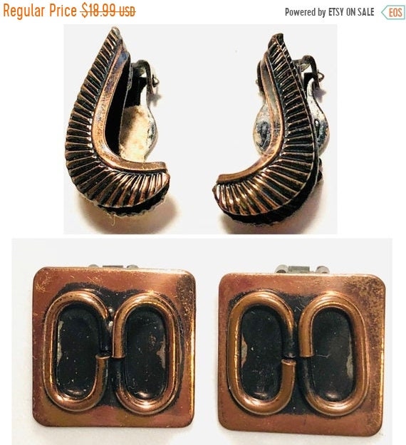 SALE Vintage Curled Copper Art Square Mod Stud Earrings