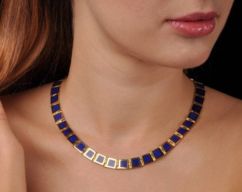 Collier en lapis-lazuli incrusté d'or massif 18 carats, collier cadeau unique pour elle, véritable pierre précieuse bleue naturelle, cadeau d'anniversaire de 9 ans