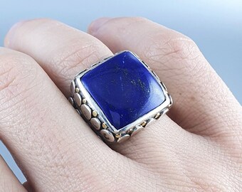 Ring Lapis Lazuli with silver unique gift for him or her big cabochon square natural blue gemstone September October birthstone DDP US paid