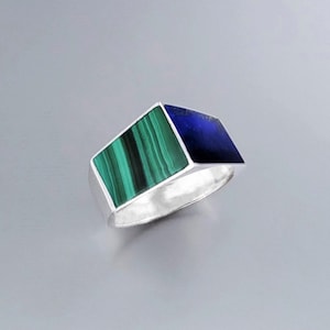 Moderner Lapis Lazuli und Malachit Ring mit Sterling Silber grün blauer natürlicher Stein