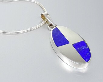 Pendant Lapis Lazuli with silver unique gift for her inlay work blue natural gemstone geometrical design September December birthstone