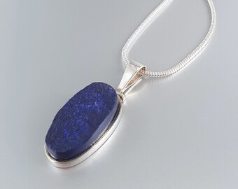 Pendant raw stone Lapis Lazuli and silver chain unique gift for her or him oval modern design natural blue gemstone September birthstone