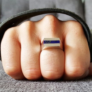 Men's ring Lapis Lazuli stripe and rectangle silver unique gift for her or him natural blue gemstone inlay work birthstone anniversary gift