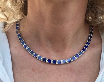 Necklace Lapis Lazuli silver statement collier unique gift for her natural genuine blue gemstone inlay work September birthstone anniversary