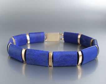 Statement matte Lapis Lazuli bracelet with 14k gold unique gift for her royal blue natural gemstone modern minimal design birthstone