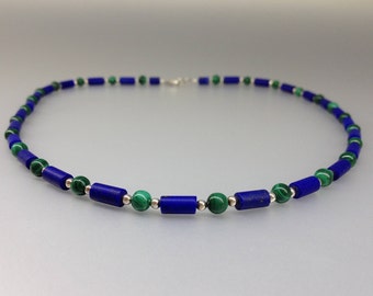 Necklace matte Lapis Lazuli and Malachite with silver unique gift for her or him natural genuine blue and green gemstone December birthstone