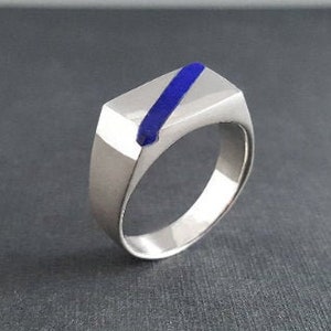 Ring Lapis Lazuli stripe and silver unique gift for her or him natural blue afghan gemstone inlay work September December birthstone image 2