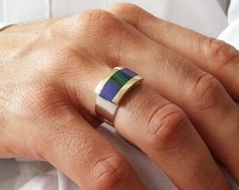 Ring Lapis Lazuli and Malachite with solid 18K gold and silver unique gift for her mix metals and green and blue natural gemstone