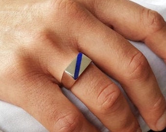 Ring Lapis Lazuli stripe and silver unique gift for her or him natural blue afghan gemstone inlay work September December birthstone