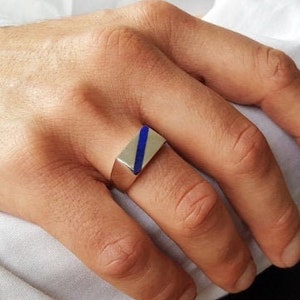 Ring Lapis Lazuli stripe and silver unique gift for her or him natural blue afghan gemstone inlay work September December birthstone