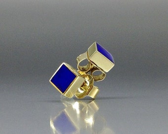 Può includere: Un paio di orecchini a lobo con un design quadrato, una montatura in metallo color oro lucido e un inserto blu intenso sulla parte anteriore. Gli orecchini includono chiusure a perno standard per un fissaggio e un utilizzo sicuri.