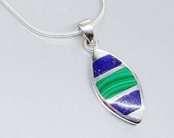 Pendant Lapis Lazuli and Malachite with Sterling silver chain inlay work unique gift for her dual color blue and green natural gemstone