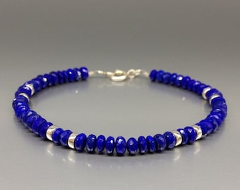 Lapis Lazuli bracelet with Sterling silverunique gift for her or him natural blue faceted gemstone September December birthstone