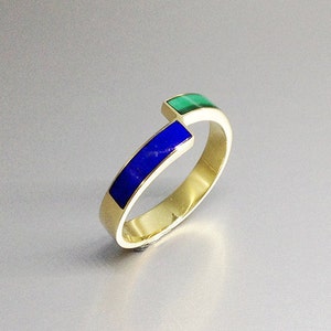 Ring Lapis Lazuli and Malachite with solid 18k gold unique gift for her modern design blue and green natural gemstone September birthstone