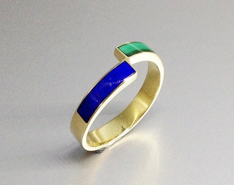 Ring Lapis Lazuli and Malachite with solid 18k gold unique gift for her modern design blue and green natural gemstone September birthstone