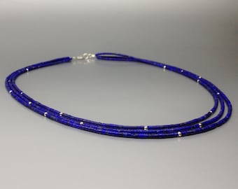 Fine necklace Lapis Lazuli multi string with silver unique gift for her natural genuine matte blue gemstone September December birthstone