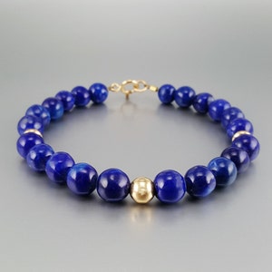 Lapis Lazuli bracelet with 14K gold unique gift for her polished big blue natural gemstone beads September December birthstone anniversary